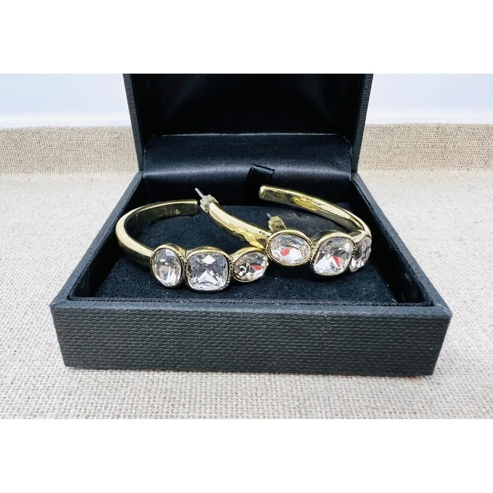 Heidi Daus Gold Tone Clear Crystal Triple Stone Hoop Earrings Pierced C-Hoops